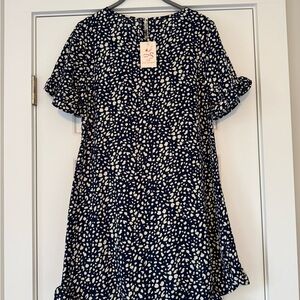 Women’s Navy and Cream Patterned Dress - Size L
